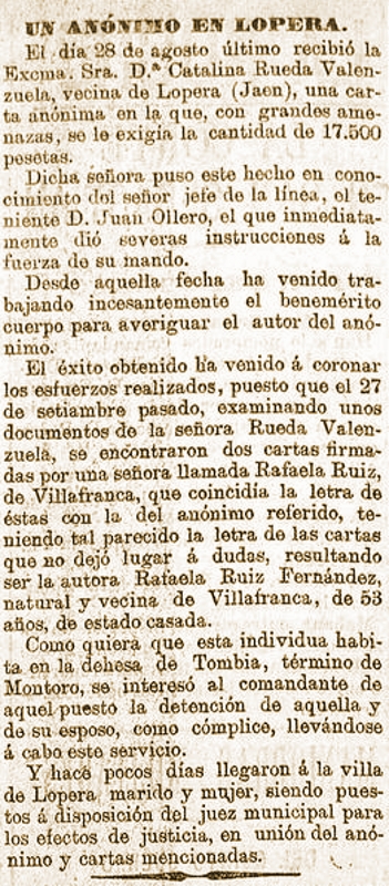 El descubrimiento de un anónimo que le pedía 17.500 pesetas a Dª ...